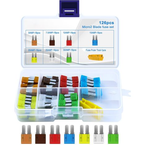 Kit de 126 micro fusibles - Fusibles à lame Micro2 ATR (5 A, 7,5 A, 10 A, 15 A, 20 A, 25 A, 30 A) pour voiture, camion, camping-car, bateau, SUV - Kit de remplacement de fusibles automobiles (1/5)