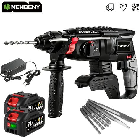 Perceuse à Percussion Électrique 26mm – Rotative 180° avec Mandrin Métallique. 4 Vitesses pour Béton et Acier. Compatible Batteries. Kit (2 batteries avec outils - Noir)