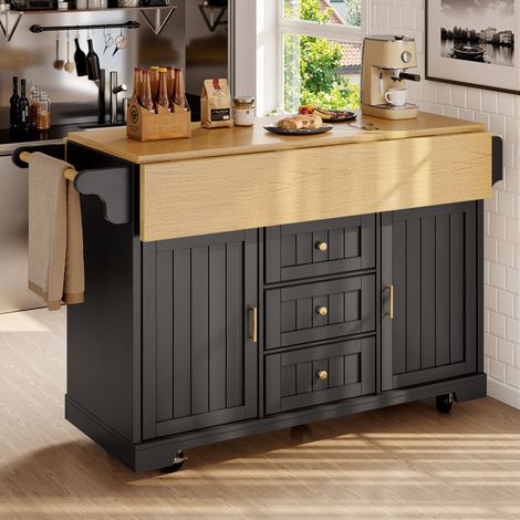 Îlot central de cuisine mobile - Plateau extensible - 120x80x95cm - 2 portes et 3 tiroirs - étagères ouvertes - avec porte-serviettes - MDF - Noir