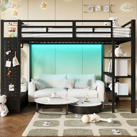 Letto a soppalco in metallo 140x200 nero con armadio aperto e LED OKWISH (1/5)