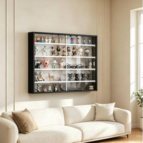 Vitrina de pared de vidrio 80 x 9,5 x 60 cm, 4 estantes ajustables, negro y blanco DESVIAE (1/5)