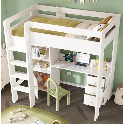 lit chambre couchage rangement 90x200 bureau blanc USB OKMYHOME (1/5)