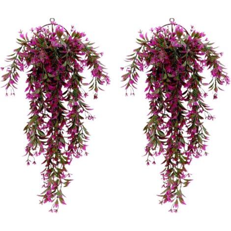 Lot de 2 plantes artificielles suspendues - 78 cm - Fleurs violettes - 5 branches avec design en rotin - Décoration pour l'intérieur et l'extérieur - Décoration murale pour jardin, mariage (1/5)