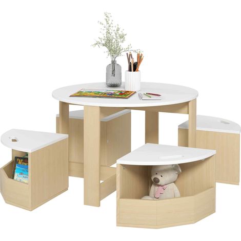 Five-Piece Kids Table and Chairs Set with Storage, for Ages 3-8 Years, White (1/5)