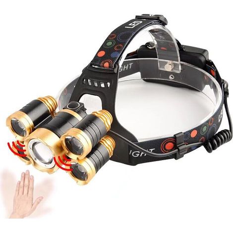 Lampada frontale, torcia frontale ultra luminosa a 5 LED con indicatore di alimentazione, 12000 lumen, ricaricabile tramite USB, impermeabile.