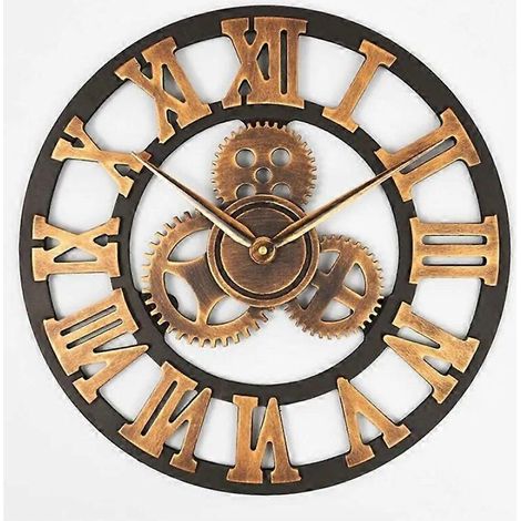 Horloge murale 30 cm, grand format, design moderne, à quartz, silencieuse, en bois, style vintage 3D (dorée). (1/5)