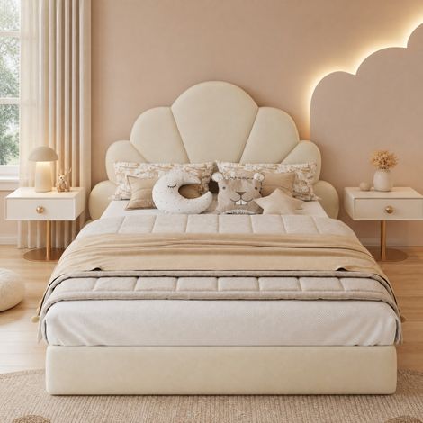 DESMIU Lit double 140 × 200 cm 2 places avec tête de lit fleur, sans matelas, en velours beige (1/5)