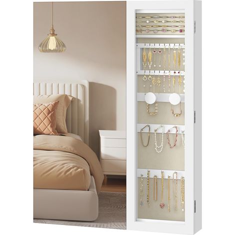 Armoire à Bijoux LED, Rangement Bijoux avec Miroir, Fenêtre en Verre, Accrochée au Mur ou à la Porte, 10 x 60 x 80 cm, Miroir Intérieur, 3-en-1, Chambre, Dressing, Blanc et Grège JJC028W01 (1/5)