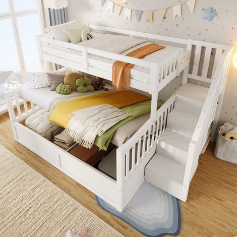 Lit superposé avec rangement 90x200 + 140x200 cm, pin et MDF, blanc/naturel, escalier de rangement et coffre hydraulique (1/5)