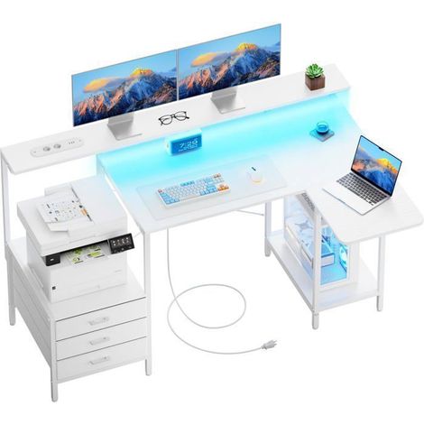 EcoFurnix Bureau gaming angolo L ribaltabile 140 cm – Tavolo per computer con cassetto in tessuto e supporto per schermo – Bianco