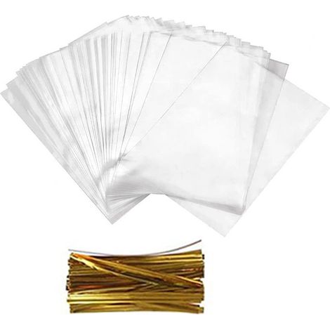 Sachet OPP Clair - 10 x 15 cm - Avec Liens Torsadés Dorés - Pour Emballage Alimentaire Pâtisserie Confiserie - Lot de 100 Pièces (1/5)
