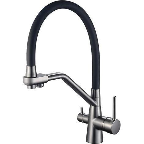Robinet de cuisine moderne en cuivre (gris anthracite) avec système de purification d'eau potable, douchette extractible, eau pure chaude et froide. (1/5)