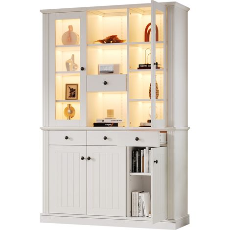 Vitrine blanche 119,5 x 40 x 180 cm en MDF avec 21 espaces de rangement, 4 tiroirs, LED et verre trempé pour salon et salle à manger - CHICFURN (1/5)