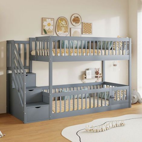 Lit superposé enfant - SOGEU - Lit Superposé 90x200 - Escalier avec rangements - Petite porte ludique - Bois massif gris (1/5)