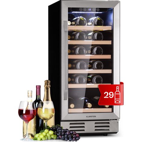 Klarstein Weinkühlschrank Freistehend, Kleiner Getränkekühlschrank Schmal, 1 Zone Weinkühlschrank mit Glastür, Indoor/Outdoor Beersafe, Kühlschrank Klein mit UV-Schutz, 5-18°C, 31 Flaschen