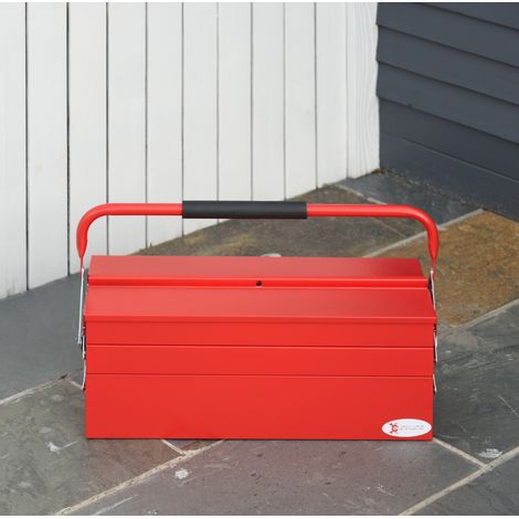 Boîte à outils 56x20x41 cm en acier rouge, 5 compartiments pliables, gain de place – MEUBLIV (1/5)