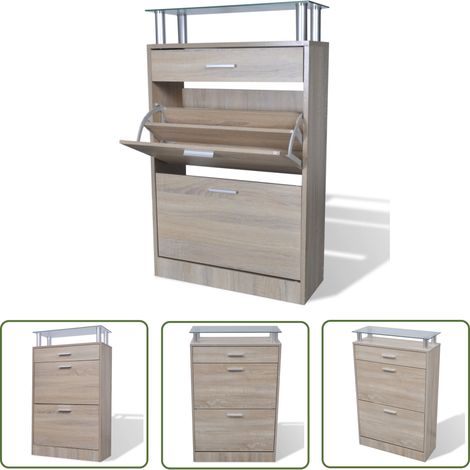 The Living Store Schuhschrank mit Schubfach & oberes Glasregal Holz Eichenoptik - Holz Schuhschrank - Schuhschrank Mit Schubfach - Eichenoptik - Schuhregal - Garderobe (1/5)