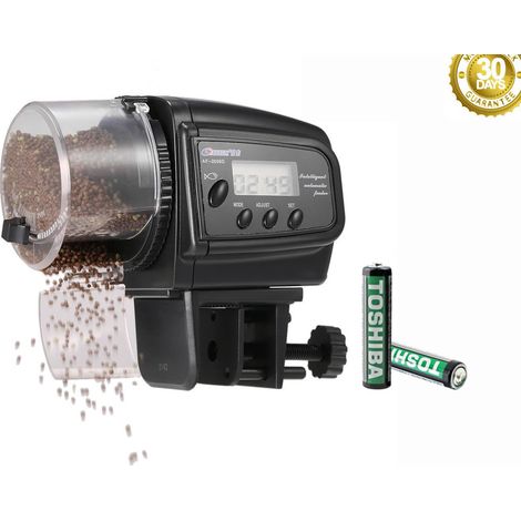 Distributeur automatique de nourriture pour poissons avec minuterie et écran LCD numérique. Idéal pour les aquariums et les bassins. Système de ventilation anti-humidité. (1/4)