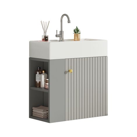 Waschtischunterschrank hängend 55 cm Badezimmermöbel mit Waschbecken hellgrau, Waschtisch mit Unterschrank für Gästebad und kleines Bad