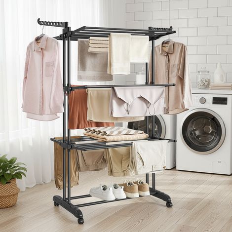 Étendoir à Linge à 4 Niveaux, Séchoir Pliable à Roulettes, 63,5 x 128 x 173 cm, Noir (1/5)