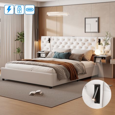 Lit coffre 160x200 cm avec rangement, Cadre de lit 160x200 avec sommier LED et USB, 2 tables de chevet intégrée, Lit double avec tête de lit capitonné, Velours, Beige (1/5)