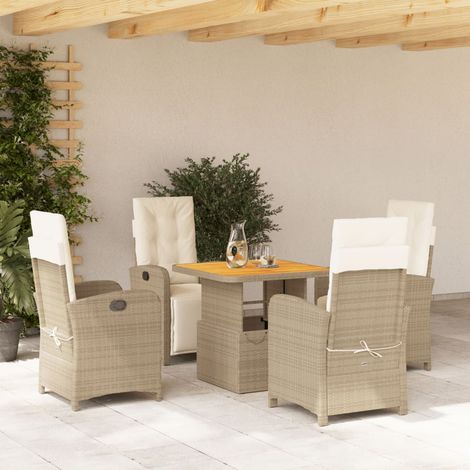 Ensemble de jardin 5 pièces Beige 4 Fauteuils inclinables + Table relevable en Polyrotin & Acier H.40/71 x L.80 x P.80 cm Coussins amovibles (1/5)