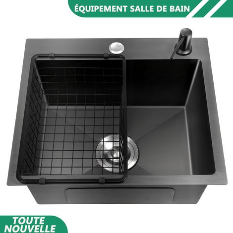 WAOBDLA lavabo de cuisine 201 en acier inoxydable lavabo noir résistant à la corrosion avec Drainpipe & Drain Panier (1/5)