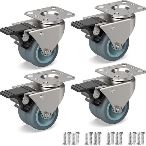 4 x Furniture Swivel Casters, Heavy Duty Double Wheels with Brake + Screws - 50mm up to 160kg - Rubber Trolley Wheel (1/5)