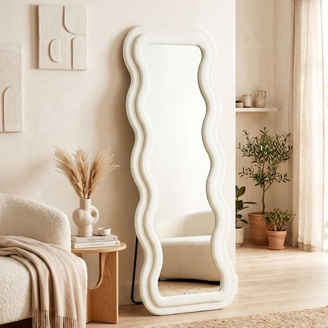 160x60 cm Miroir sur Pied Cadre Ondulé Velours pour Vue en Pied et Décoration Chambre Salon Crème (1/5)