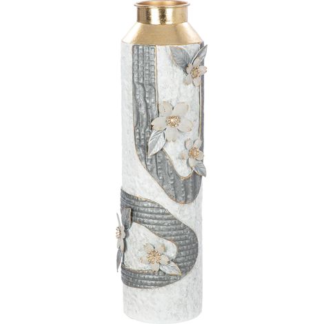 Vase de Sol, en métal, Motif Fleurs de Cerisier, Aspect métallique balayé, Gris et Blanc, Hauteur 57 cm x Ø 16 cm (1/4)