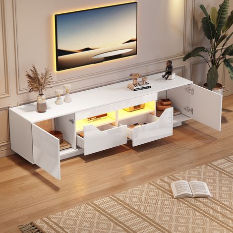 Meuble TV brillant avec rangement, LED, 75 pouces, 2 portes et 2 tiroirs, 180×40×45cm, blanc (1/5)