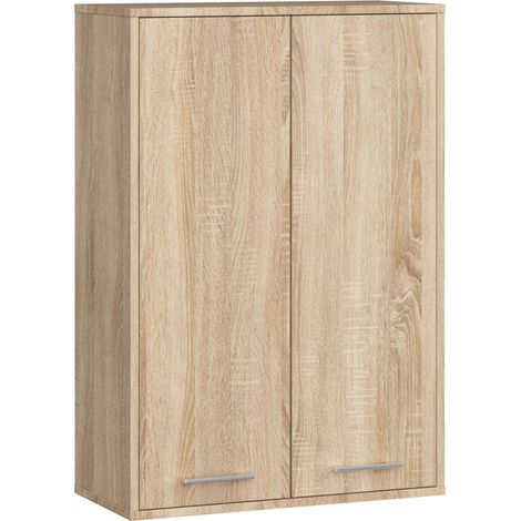Akord – Armoire murale de salle de bain 64 cm – 2 portes battantes – 4 étagères – Chêne Sonoma – Dimensions 64x30x94 cm (1/5)