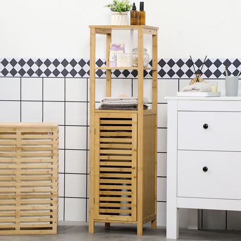 Meuble de rangement de salle de bain en bambou, étagère avec 2 tablettes ouvertes et porte en filet, 32,9 x 29,9 x 120 cm, naturel (1/5)