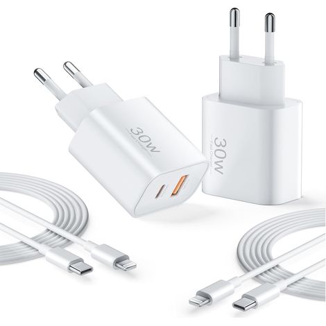 30-W-Schnellladegerät für iPhone, USB-C-Ladegerät mit 2 Anschlüssen, PD 3.0 und 2 m langem Typ-C-auf-L-Kabel, 2er-Pack für iPhone 14/13/12/11【Pro Max Plus】/Mini/SE/XS/XR/X/8/7/6/5/iPad/AirPods (1/5)