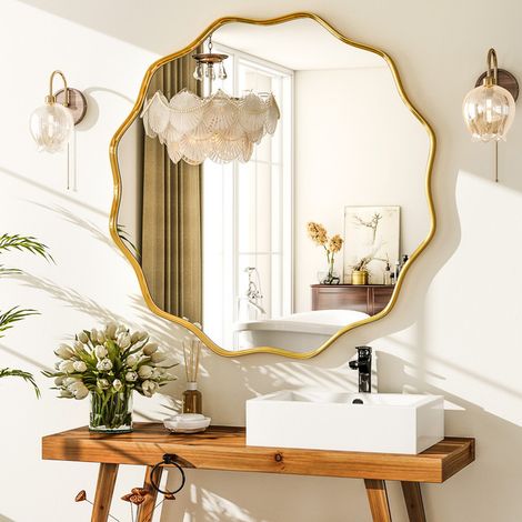 Koonmi Miroir Rond 106 cm – Miroir De Salle De Bain Aux Bords Ondulés – Doré