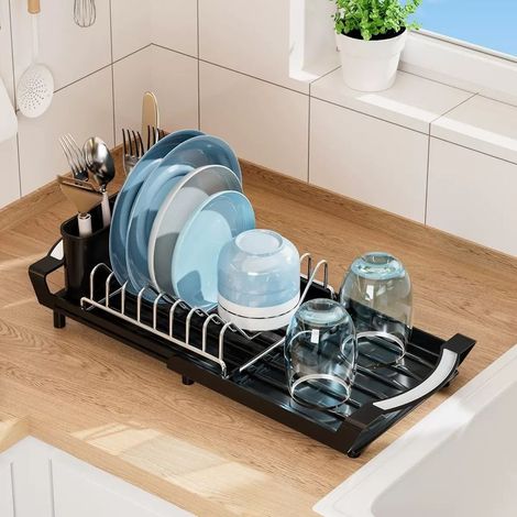Compact and extendable dish rack with cutlery tray and drip tray made of stainless steel / 28-47 cm (Black) (1/5)