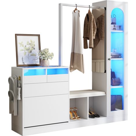 Ensemble d'entrée 6 en 1 comprenant une armoire, une coiffeuse avec penderie, un banc à chaussures et un meuble à chaussures rabattable, une vitrine et un éclairage LED à couleurs changeantes.