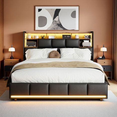 Cama Cofre Doble 140x200 - Somier Hidráulico - Iluminación RGB - Cabecera con USB - Negro
