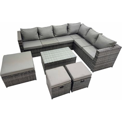 Fimous Outdoor PE Rattan Garden Furniture Sofa Set with Oblong Coffee Table Big Stool 2 Small Stools Dark Grey (1/5)