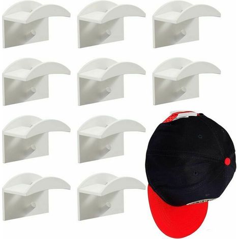 Crochets de Chapeaux Support mural pour chapeau et perruque casque de baseball adhésif sans perforation double hook Porte-Chapeaux (Blanc, 10 Pièces) (1/5)