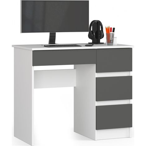 Akord – Bureau droit 90 cm avec 4 tiroirs – Panneau stratifié blanc et gris – Dimensions 90x50x77 cm – Pour espace de travail moderne