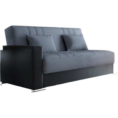 Dmora - Divano letto 3 posti Arix, Divano contenitore in ecopelle e tessuto, Sofà con apertura click-clack e 2 cuscini, 230x96h101 cm, Nero e Grigio (1/5)