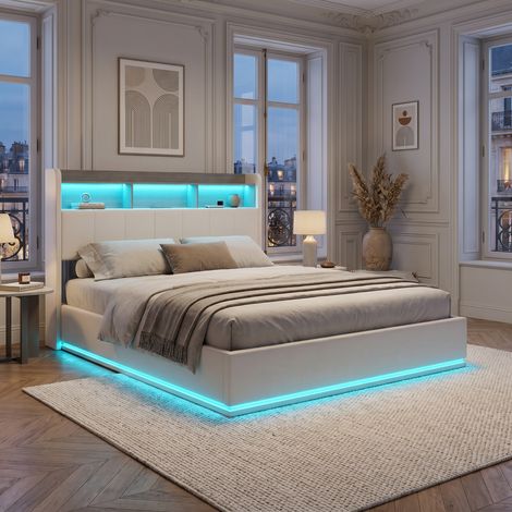 Lit Hydraulique capitonné 160x200cm,avec Etagères Ouvertes Tête de Lit Sommier à Lattes,avec USB et éclairage LED,Velours beige (1/5)