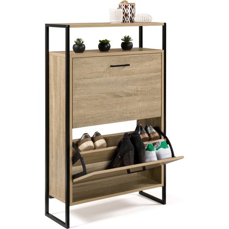 Idmarket – Meuble à chaussures 12 paires – 2 portes basculantes – étagère supérieure 13 cm – design industriel – dimensions 63,2 x 23,5 x 101,5 cm