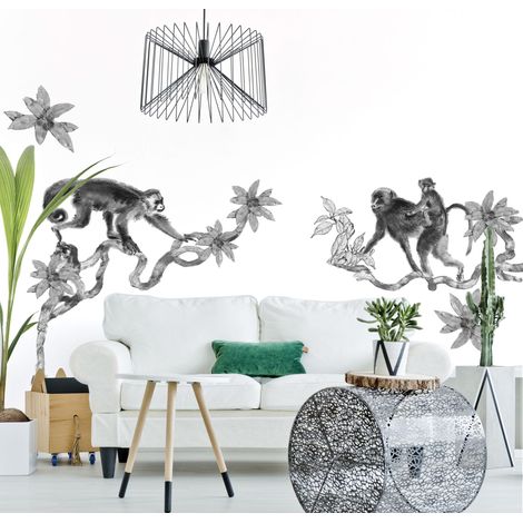 Sticker Mural Décoratif 68x48cm, Famille de Singes Aquarelle Noir, Décoration Murale Originale et Colorée (1/2)