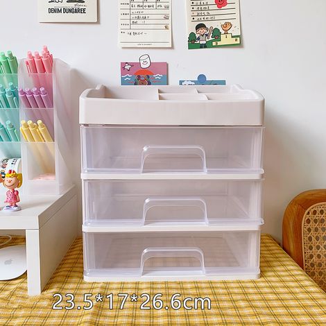 Stabiler, platzsparender, 4-stöckiger beigefarbener Schreibtisch-Organizer aus strapazierfähigem, rutschfestem PP mit Schubladendesign für Büromaterial oder Kosmetikartikel.