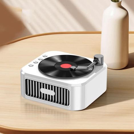 Enceinte sans fil avec son surround à 360°, tourne-disque vintage, enceinte hi-fi avec batterie de 1200 mAh, compatible avec les cartes mémoire et mode AUX (blanche) (1/5)