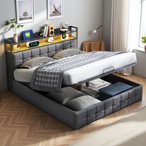 Letto per adulti 140x190 cm - tessuto in lino - LED e USB - idraulico - rete - letto 140x190 cm - Grigio (1/5)