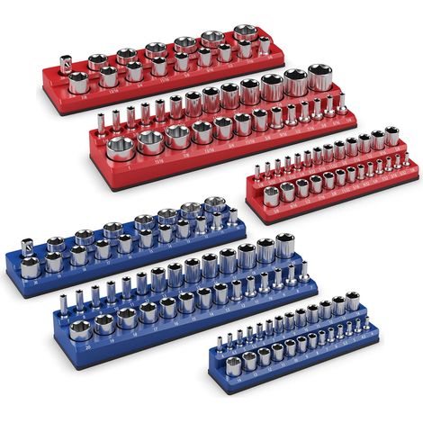 GOPLUS Lot de 6 Organiseurs de Douilles Magnétiques, Kit de Support de Douille Professionnelle avec Entraînements 1/4", 3/8", 1/2", pour Douilles Plates et Profondes, Rouge & Bleu (1/5)