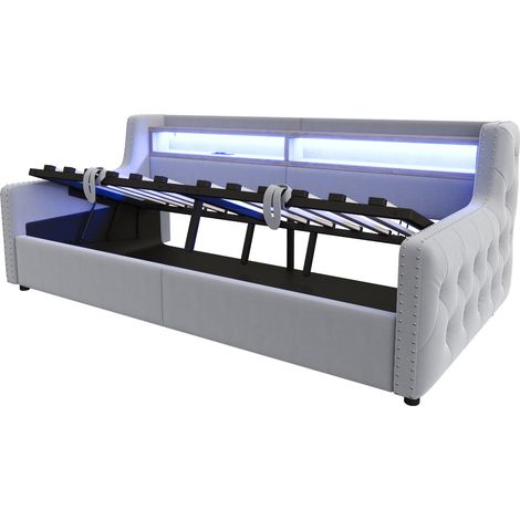 Cama diván 90 x 200 cm en terciopelo gris claro con almacenamiento hidráulico y LED (1/5)
